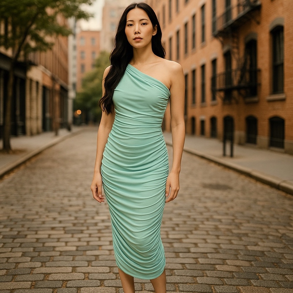 Club L London Sage Ruched Asymmetric Design Midi Dress. Size 4
